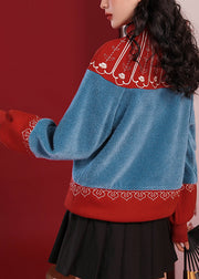 Stylish Blue Red Patchwork Embroidered Button Warm Fleece Sweatshirts Long Sleeve