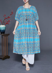 Stylish Blue Ruffled Print Silk Long Dresses Summer