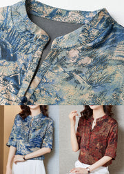 Stylish Blue Stand Collar Print Patchwork Silk Tops Summer