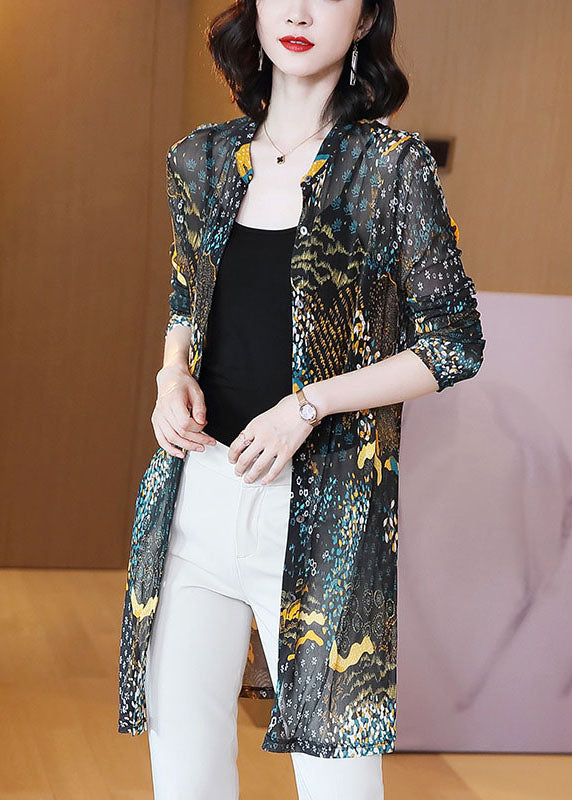 Stylish Blue Stand Collar Print Patchwork Tulle Cardigans Summer