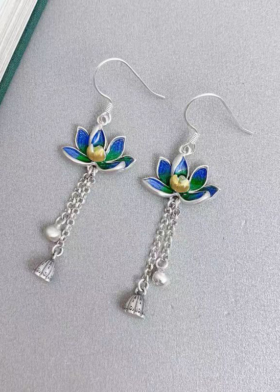 Stylish Blue Steling Silver Enamel Lotus Tassel Drop Earrings
