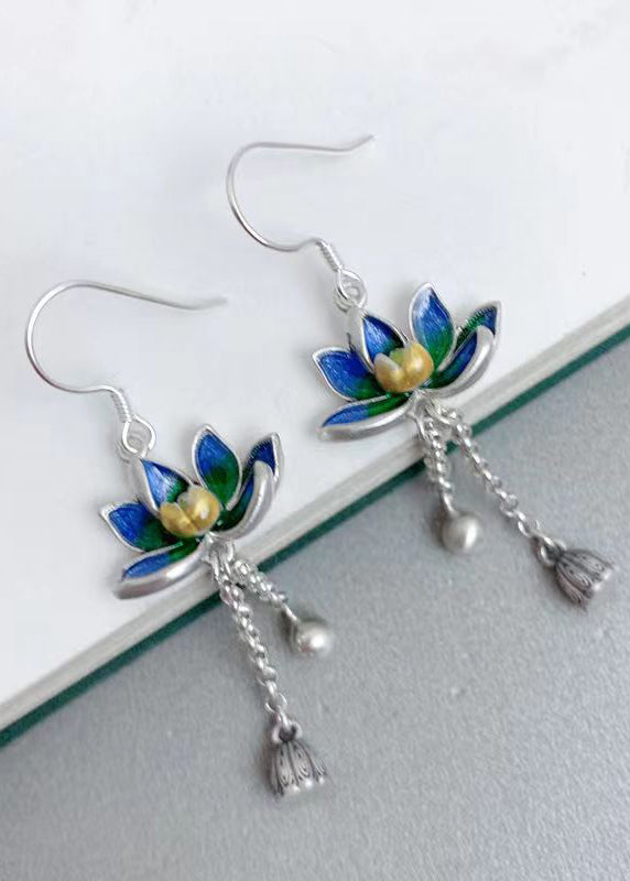 Stylish Blue Steling Silver Enamel Lotus Tassel Drop Earrings