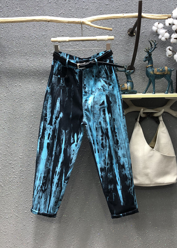 Stylish Blue Tie Dye Pockets Patchwork Denim Pants Fall