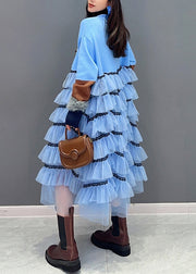 Stylish Blue V Neck Button Tulle Patchwork Dress Fall