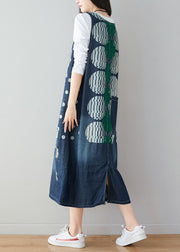 Stylish Blue V Neck Dot Print Denim Dress Sleeveless