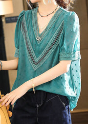 Stylish Blue V Neck Embroidered Lace Patchwork Chiffon Shirt Summer