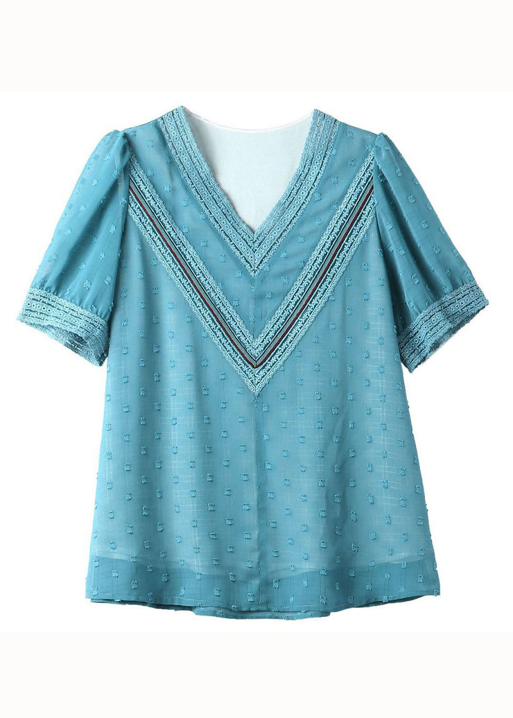 Stylish Blue V Neck Embroidered Lace Patchwork Chiffon Shirt Summer