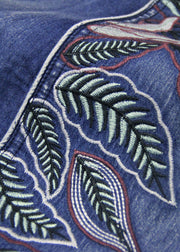 Stylish Blue V Neck Leaf Embroidered Cotton Denim Maxi Dress Half Sleeve