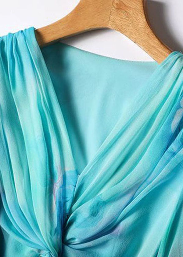 Stylish Blue V Neck Print Patchwork Exra Large Hem Silk Dress Spring