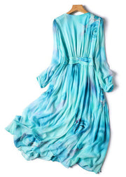 Stylish Blue V Neck Print Patchwork Exra Large Hem Silk Dress Spring