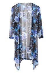 Stylish Blue V Neck Print Silk Sunscre Cardigans Loose Summer