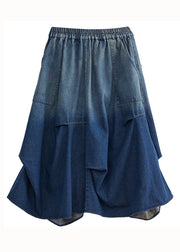 Stylish Blue Wrinkled Asymmetrical Pockets Patchwork Denim Skirts Summer