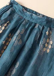 Stylish Blue Wrinkled Print Patchwork Linen Skirt Summer