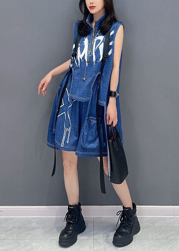 Stylish Blue Zip Up Patchwork Tops And Shorts Denim Two Pieces Set Sleeveless