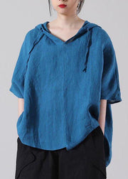 Stylish Blue asymmetrical design Cotton Linen Shirt Summer - SooLinen