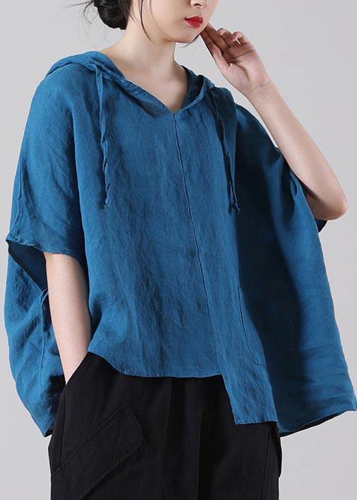 Stylish Blue asymmetrical design Cotton Linen Shirt Summer - SooLinen