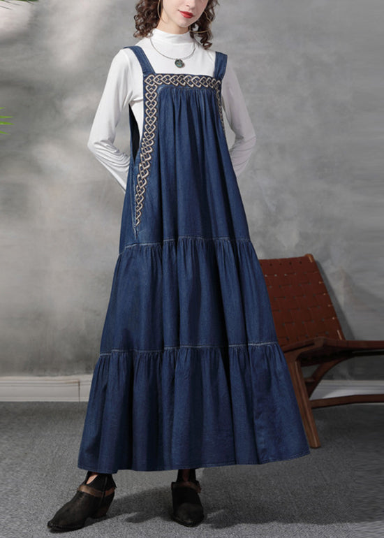 Stylish Blue wrinkled Embroidered Spaghetti Strap Cotton Denim Dresses Spring