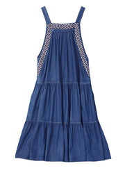 Stilvolle blaue, zerknitterte, bestickte Spaghetti-Träger-Baumwoll-Denim-Kleider im Frühling