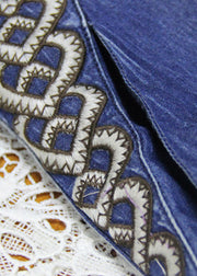 Stylish Blue wrinkled Embroidered Spaghetti Strap Cotton Denim Dresses Spring