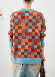 Stylish Brick Red Oversized Plaid Knit Sweater Tops Winter