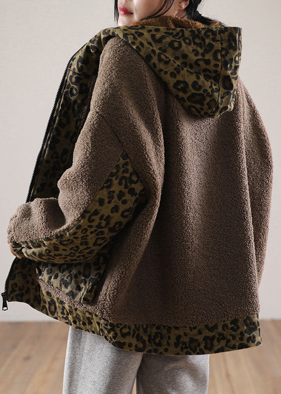 Stylish Brown Hooded Patchwork Leopard Faux Fur Jackets Winter