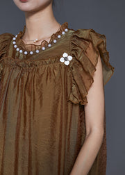 Stylish Brown Nail Bead Ruffled Silk Vacation Dress Summer