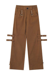Stylish Brown Zip Up Pockets Patchwork Cotton Flared Trousers Spring