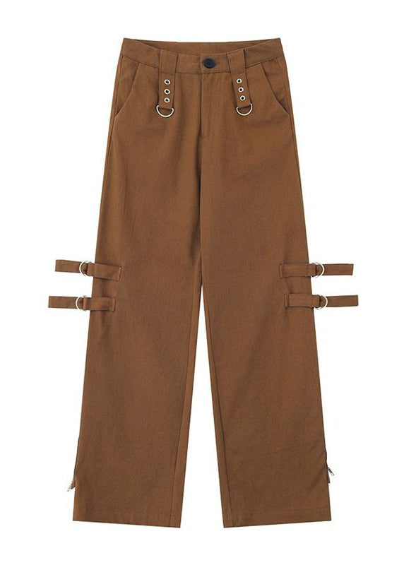 Stylish Brown Zip Up Pockets Patchwork Cotton Flared Trousers Spring