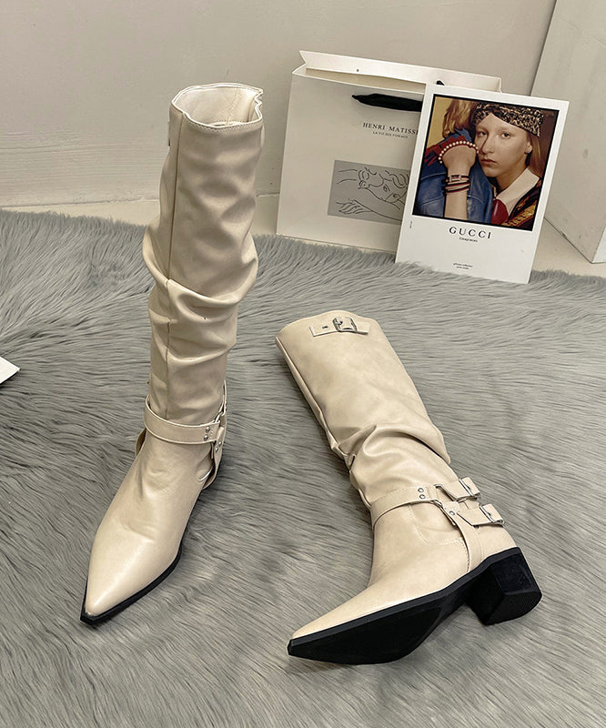Stylish Buckle Strap Splicing Chunky Apricot Long Boots Pointed Toe