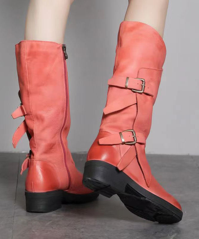Stylish Buckle Strap Splicing Chunky Boots Pink Cowhide Leather