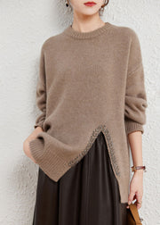 Stylish Camel Asymmetrical Design Wool Cotton Knit Sweater Long Sleeve