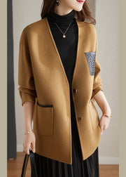 Stylish Camel V Neck Patchwork Button Wool Blend Coats Fall