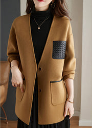 Stylish Camel V Neck Patchwork Button Wool Blend Coats Fall