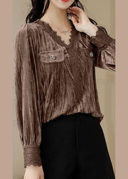 Stilvolle Patchwork-Seide-Velours-Blusen mit V-Ausschnitt in Karamell, langärmlig
