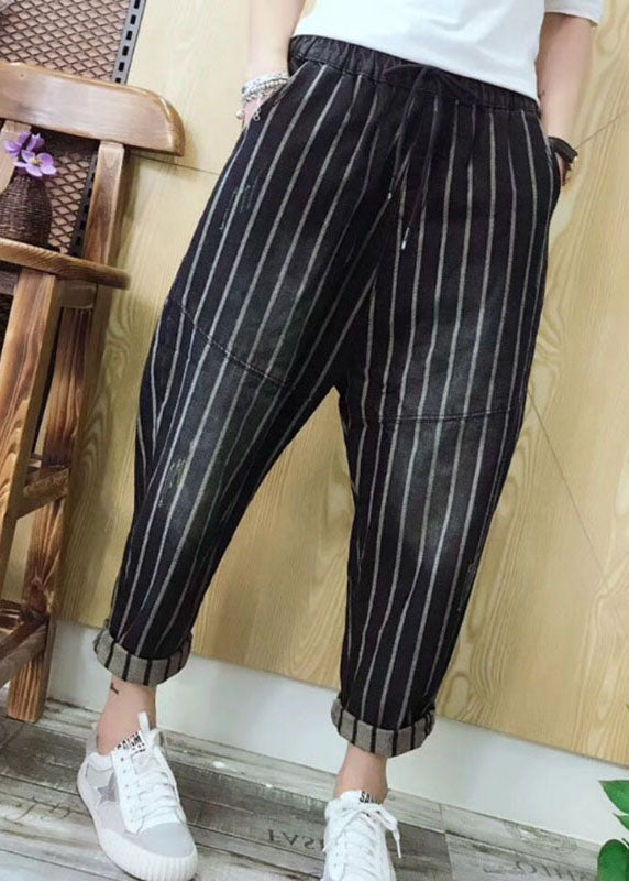 Stylish Casual elastic Waist Pockets Striped Fall Denim Pants