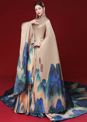 Stylish Champagne Color Zircon Print Patchwork Silk Maxi Dresses Fall
