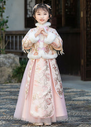 Stylish Champagne Fur Collar Embroidered Tassel Warm Fleece Girls Coats And Tulle Skirts Two Pieces Set Winter