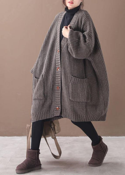 Stylish Chocolate Pockets Button Loose Fall Knitted Coat - SooLinen