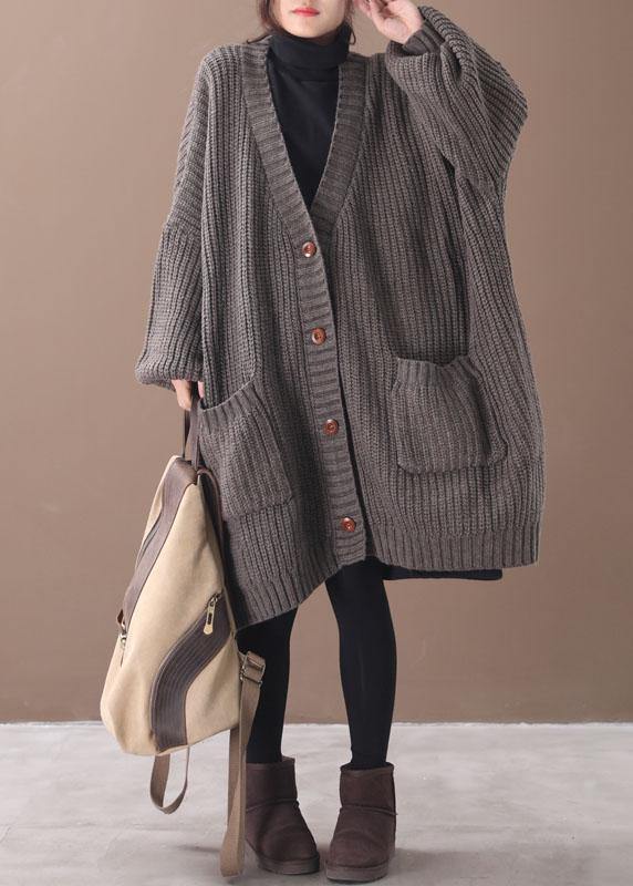 Stylish Chocolate Pockets Button Loose Fall Knitted Coat - SooLinen