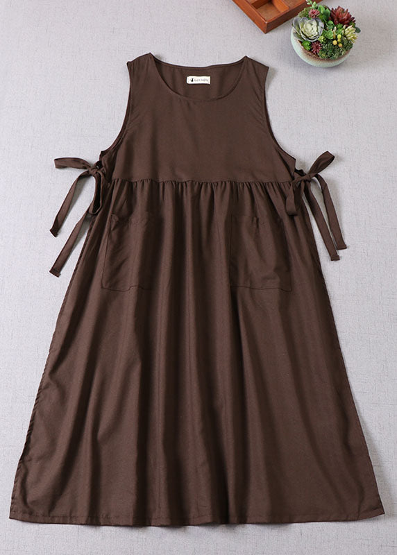 Stylish Chocolate Bow Patchwork Pockets Dress Sleeveless