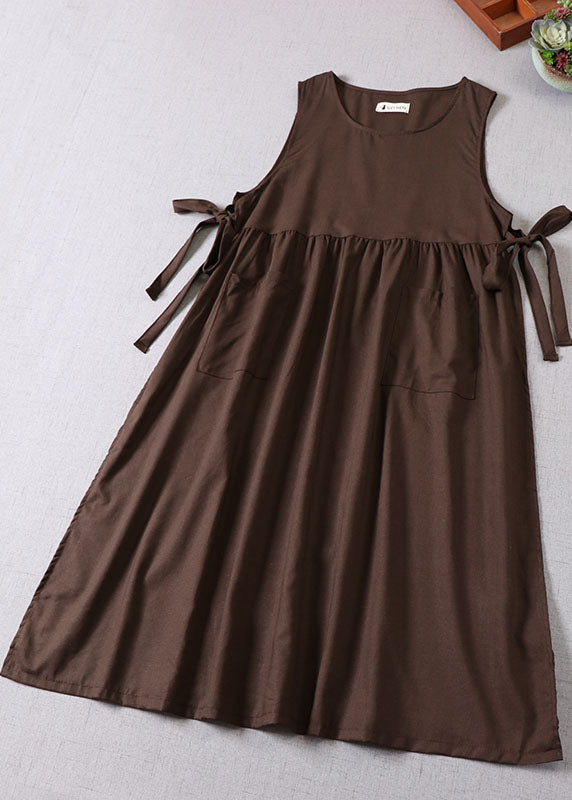 Stylish Chocolate Bow Patchwork Pockets Dress Sleeveless