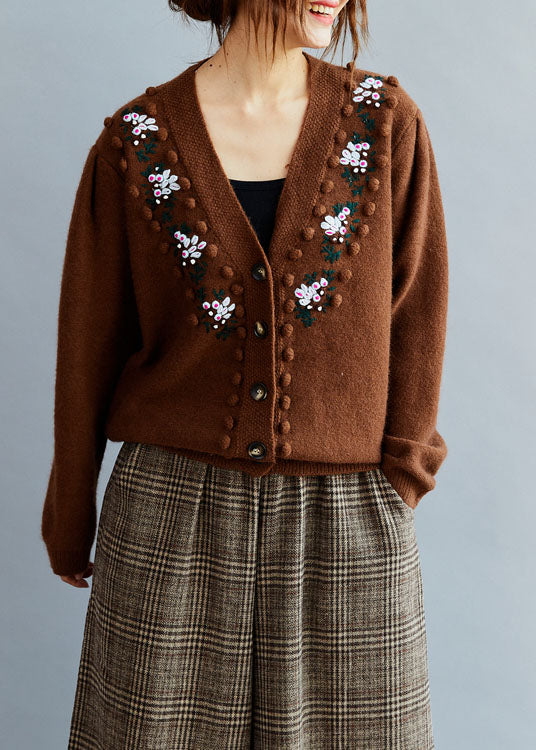 Stylish Chocolate Embroidered Wool Knit Loose Cardigans Winter