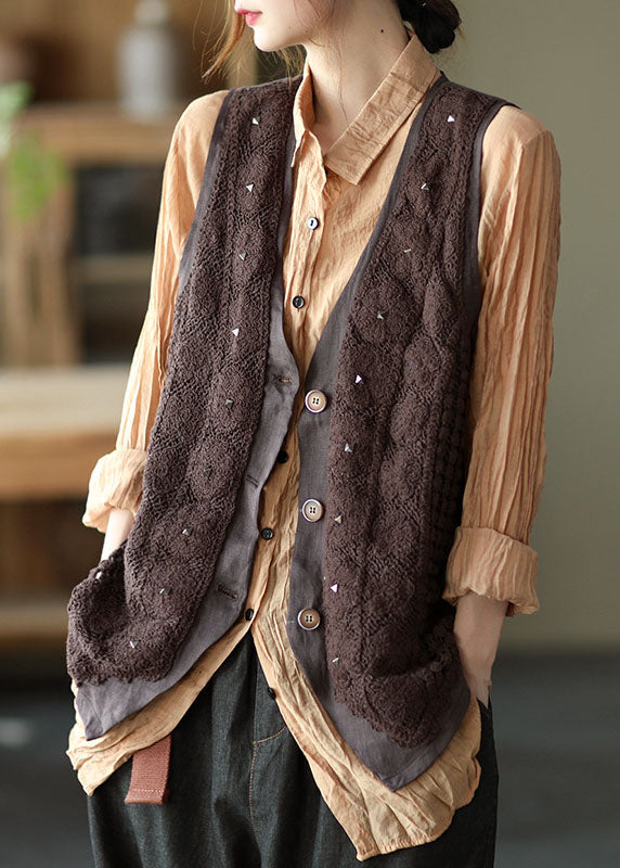 Stylish Chocolate Patchwork Button Rivet Casual Fall Sleeveless Vest