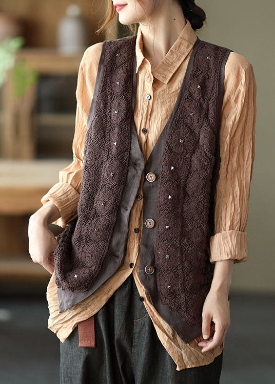 Stylish Chocolate Patchwork Button Rivet Casual Fall Sleeveless Vest