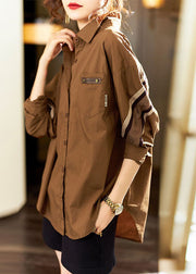 Stylish Coffee Peter Pan Collar Patchwork Cotton Shirts Top Long Sleeve