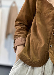 Stylish Chocolate Peter Pan Collar Pockets Contton Filled Corduroy Coats Winter