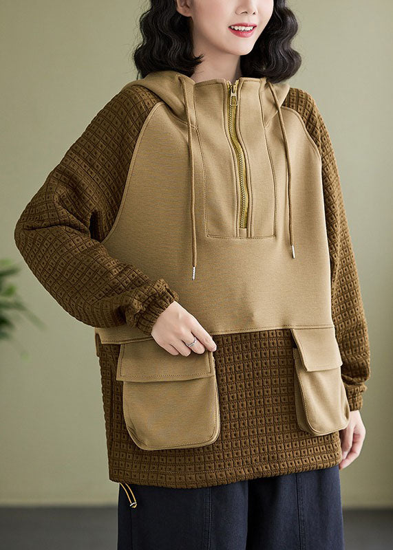 Stylish Coffee Pockets Zippered Patchwork Hooded Pullover Fall