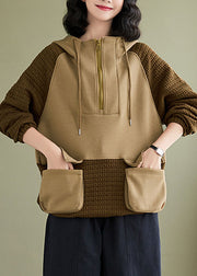 Stylish Coffee Pockets Zippered Patchwork Hooded Pullover Fall