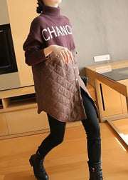 Stylish Coffee Turtle Neck Patchwork Knit Tops Spring