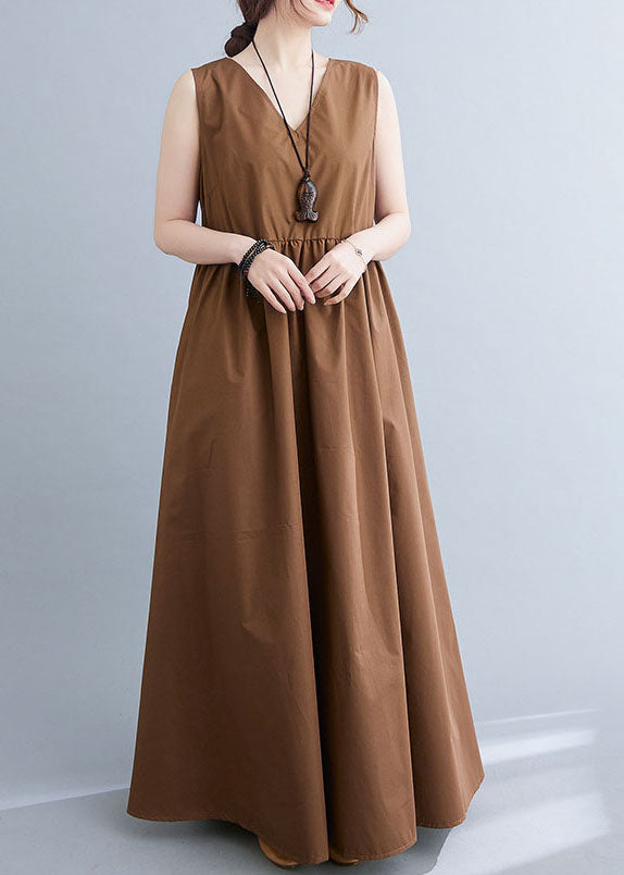 Stylish Coffee V Neck Patchwork Cotton Summer Dress Sleeveless
